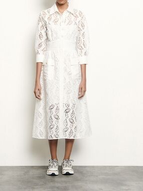 Sandro Paris White Lace Midi Shirt Dress with Patch Pockets